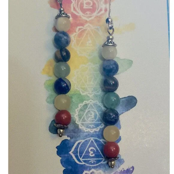 CHAKRA STONES EARRINGS, SILVERY BALI STYLE ACCENTS - Picture 4 of 7